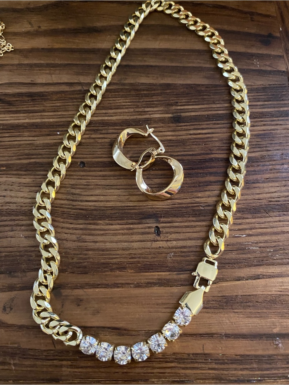 Gold-Tone Cubic Zirconia Chain Necklace with Hoop Earrings